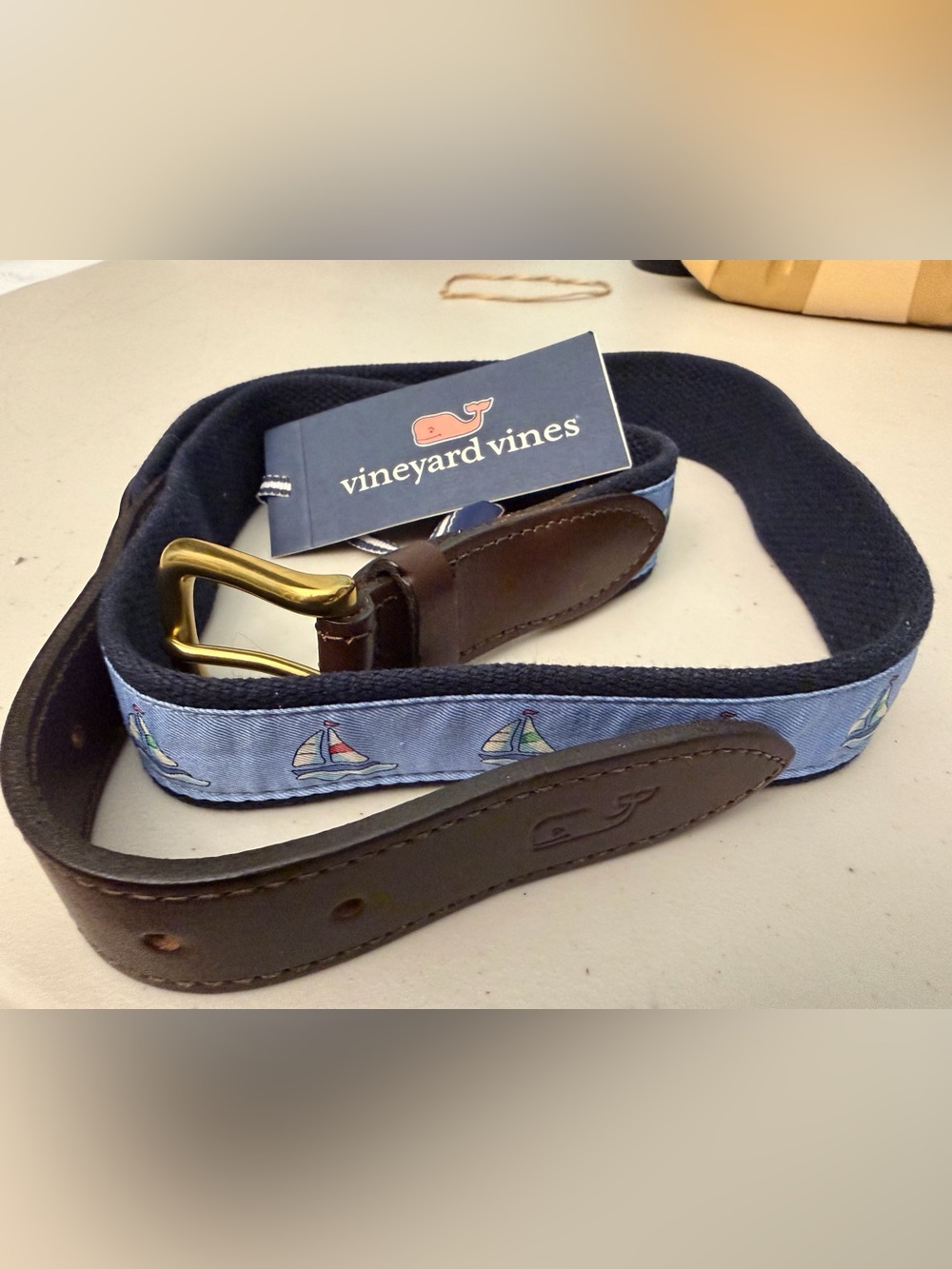 New Vineyard Vines Regatta Pattern Belt Blue/Navy/Brown Brass Buckle Men’s 38